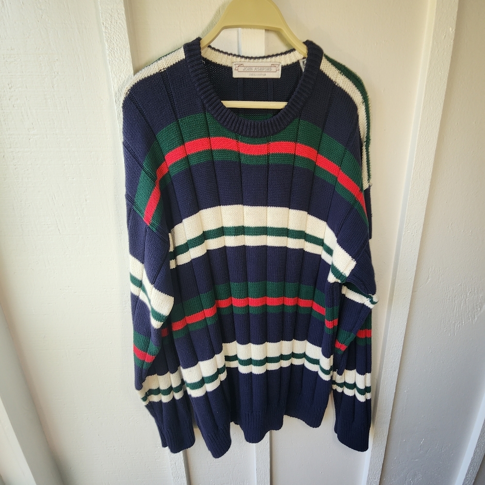 John Ashford 3D Knit Sweater Biggie Cosby Stripped Knit Multicolor 90’s Size Lg